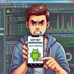 A frustrated user holding a smartphone displaying an "App Not Responding" error message, with a background of Android Studio Fix ANR on Android debugging tools.