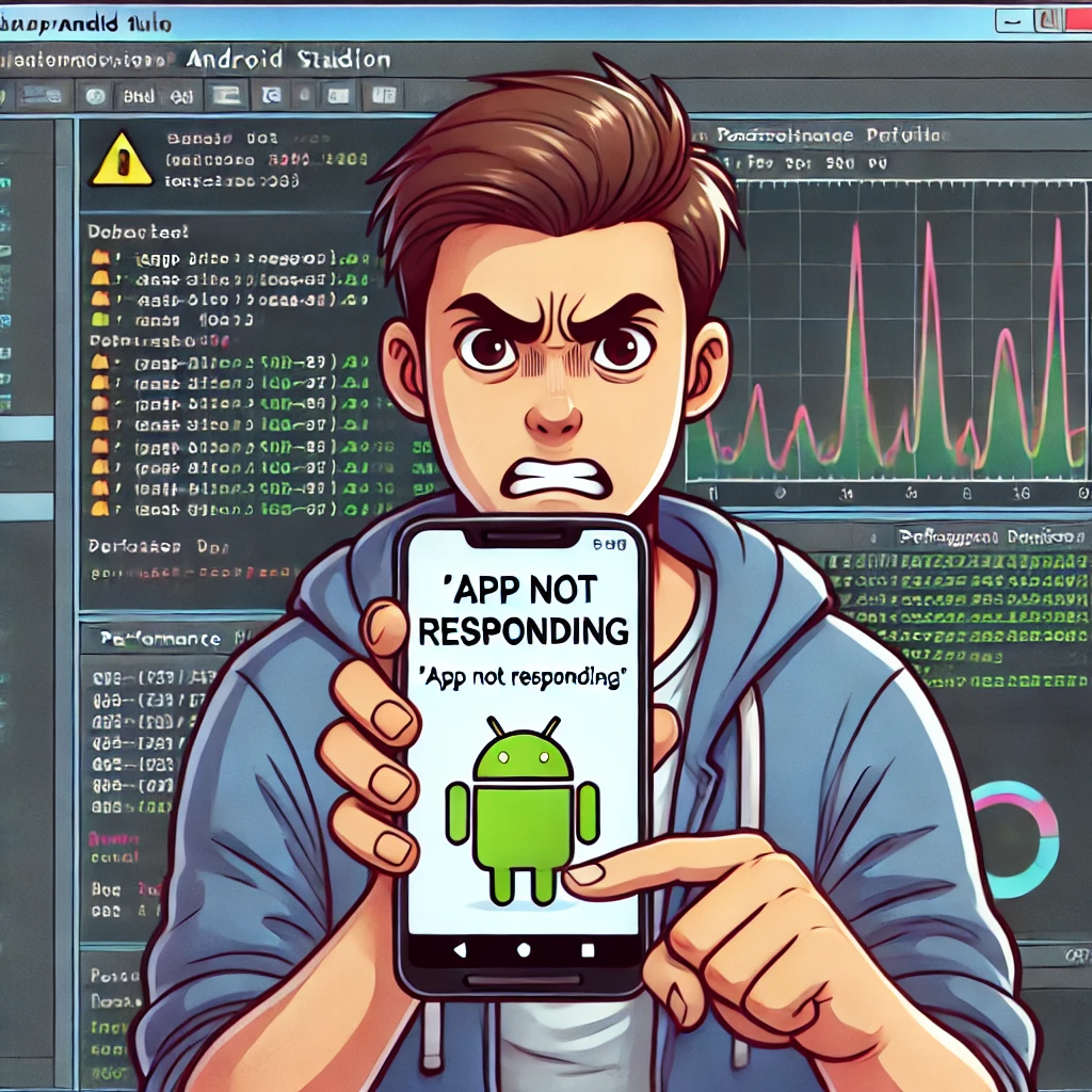 Fix ANR on Android: A Complete Guide to Understanding, Diagnosing, and Preventing Application Not Responding Errors 8 A frustrated user holding a smartphone displaying an "App Not Responding" error message, with a background of Android Studio Fix ANR on Android debugging tools.