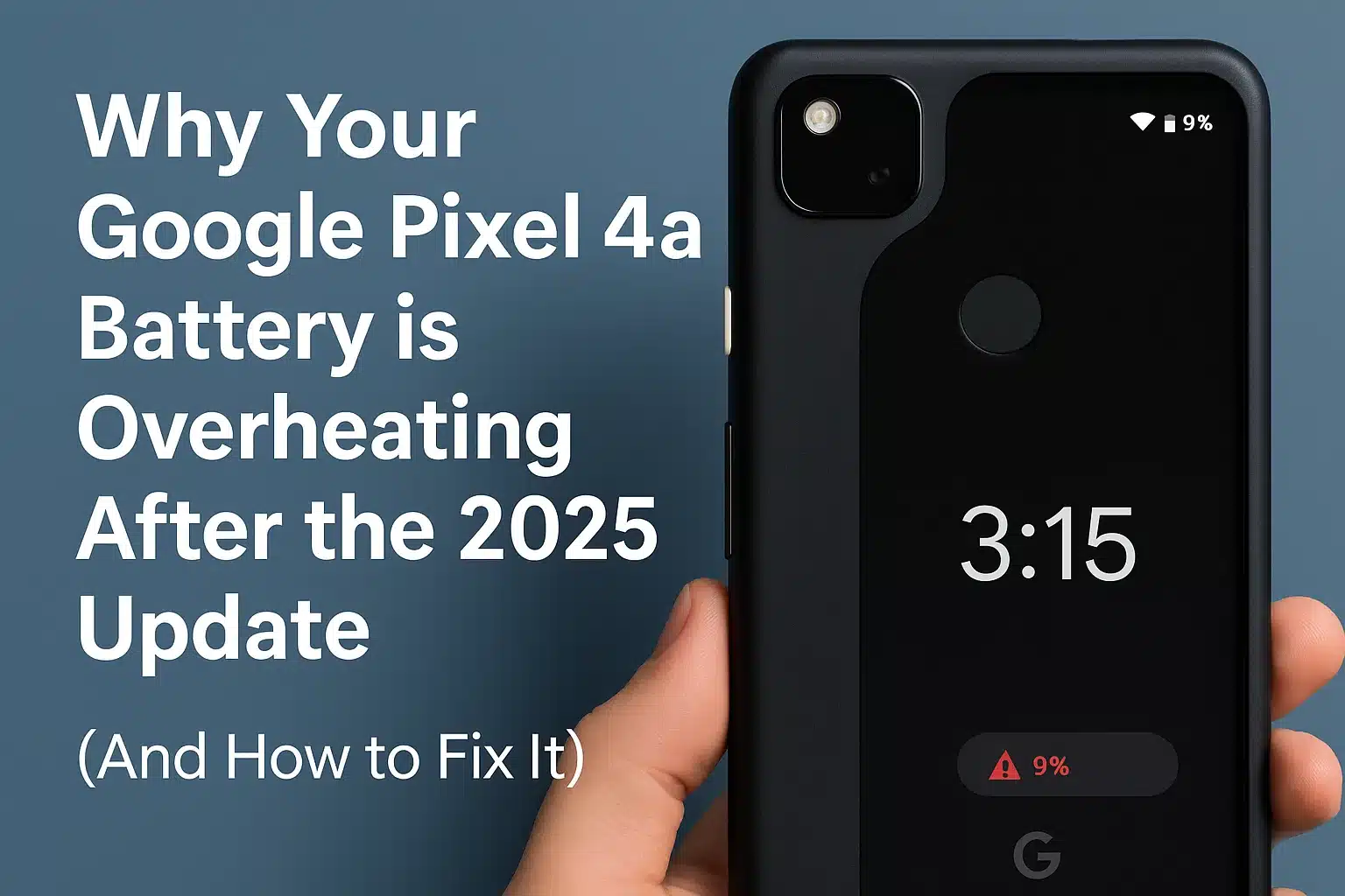 Image showing a Google Pixel 4a with a battery overheating warning after the 2025 update, alongside article title text explaining the issue and fix.