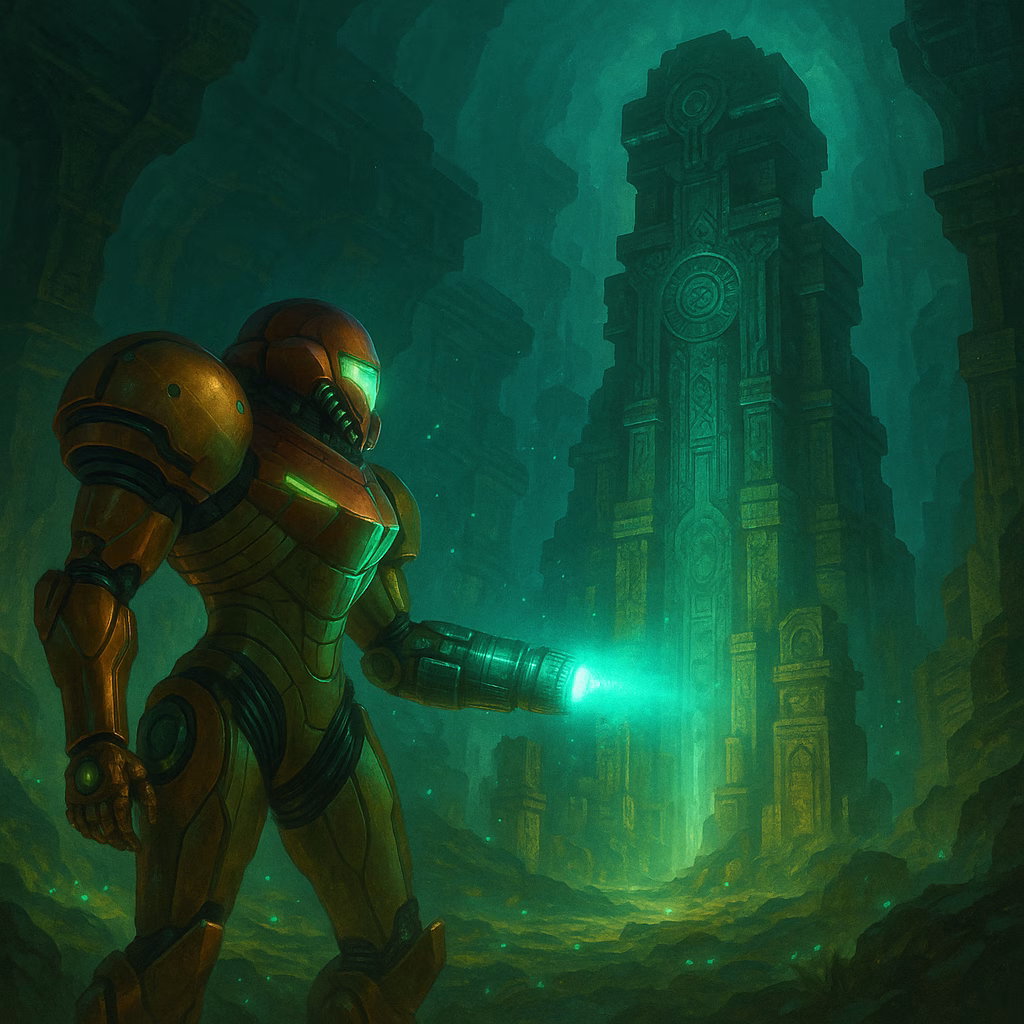 Samus Aran scanning Chozo ruins on Tallon IV – a glowing, tech-infused atmosphere that captures the heart of Metroid Prime’s artistic vision.