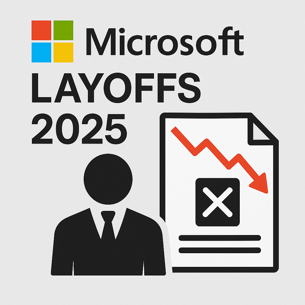 Microsoft campus with employees walking, overlay of AI and cloud graphics representing corporate transformation and layoffs in 2025.