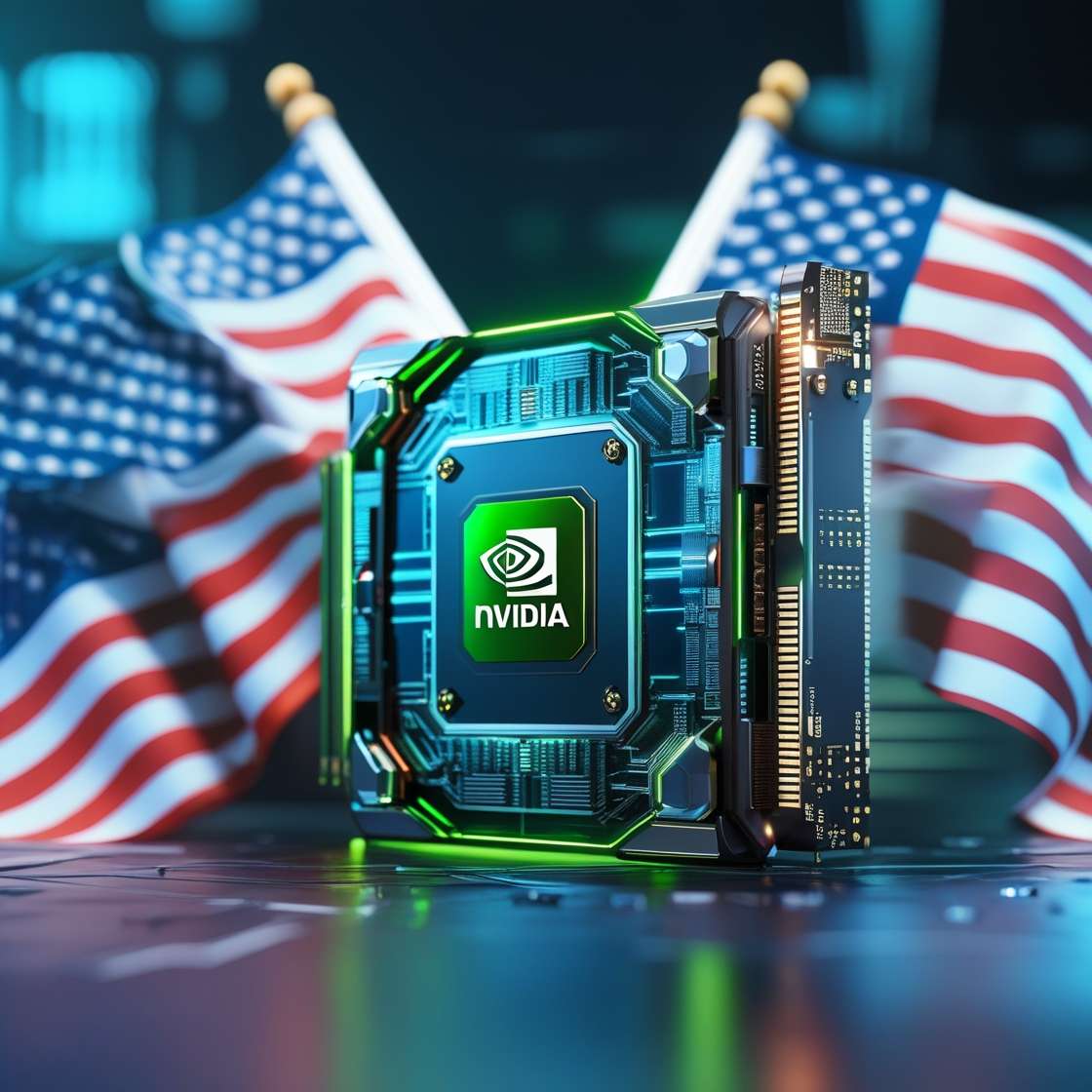 Nvidia GPU with AI neural network visualization overlay, symbolizing export to China, AI processing, and global tech strategy.