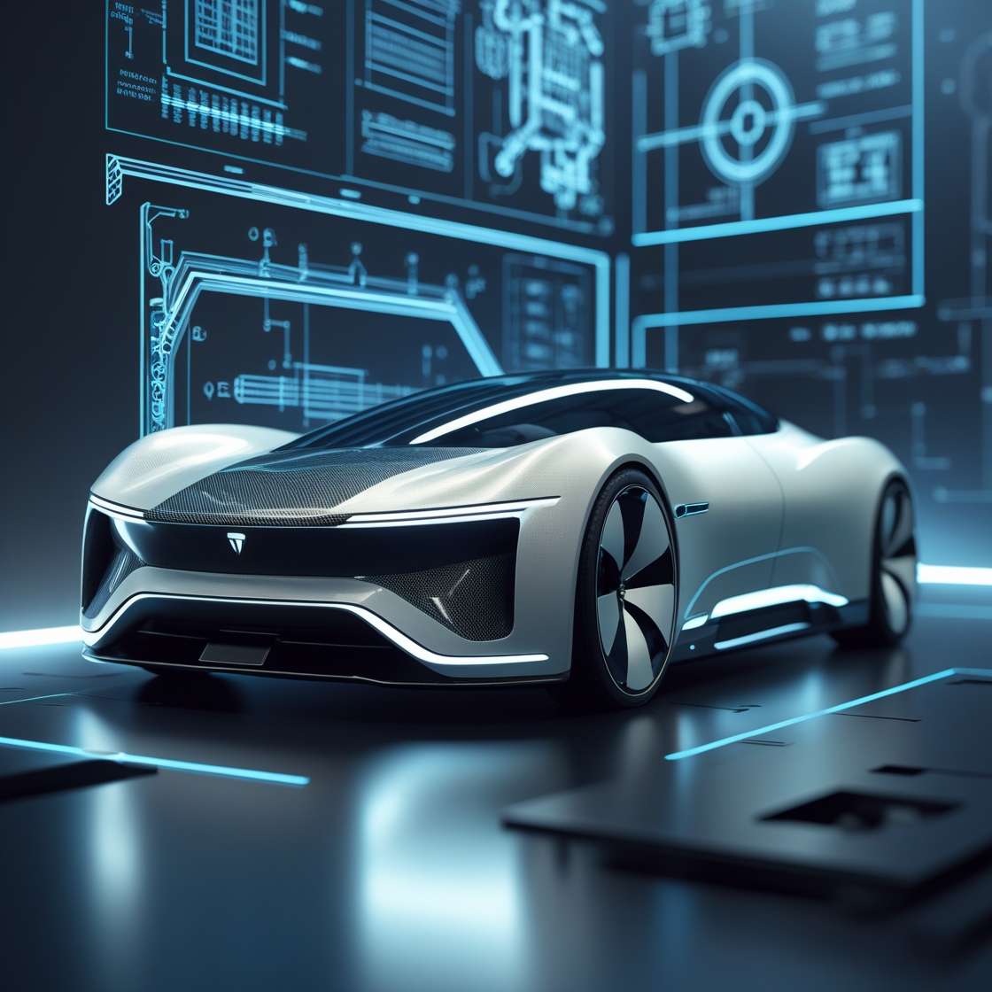 Electric vehicle with structural battery composites visualized through glowing carbon fiber panels