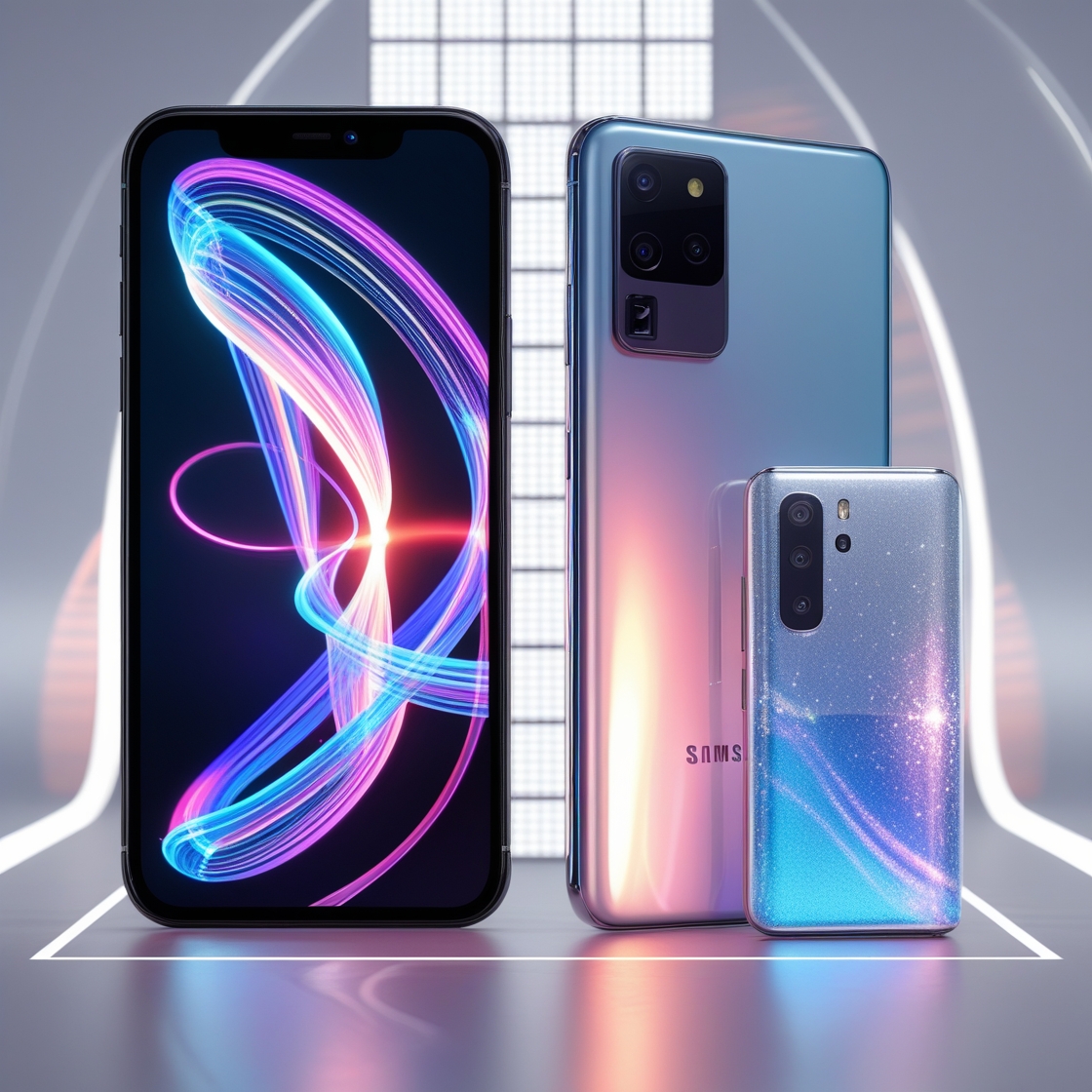 iPhone 17 Launch Event, Samsung’s Bright Future, and Key Reviews 11 "A futuristic smartphone showcase: Apple iPhone 17 glowing on one side with dynamic light trails, Samsung Galaxy S26 Ultra on the other side with AI hologram effects, modern minimal tech background."