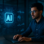 Professional working on futuristic AI dashboard