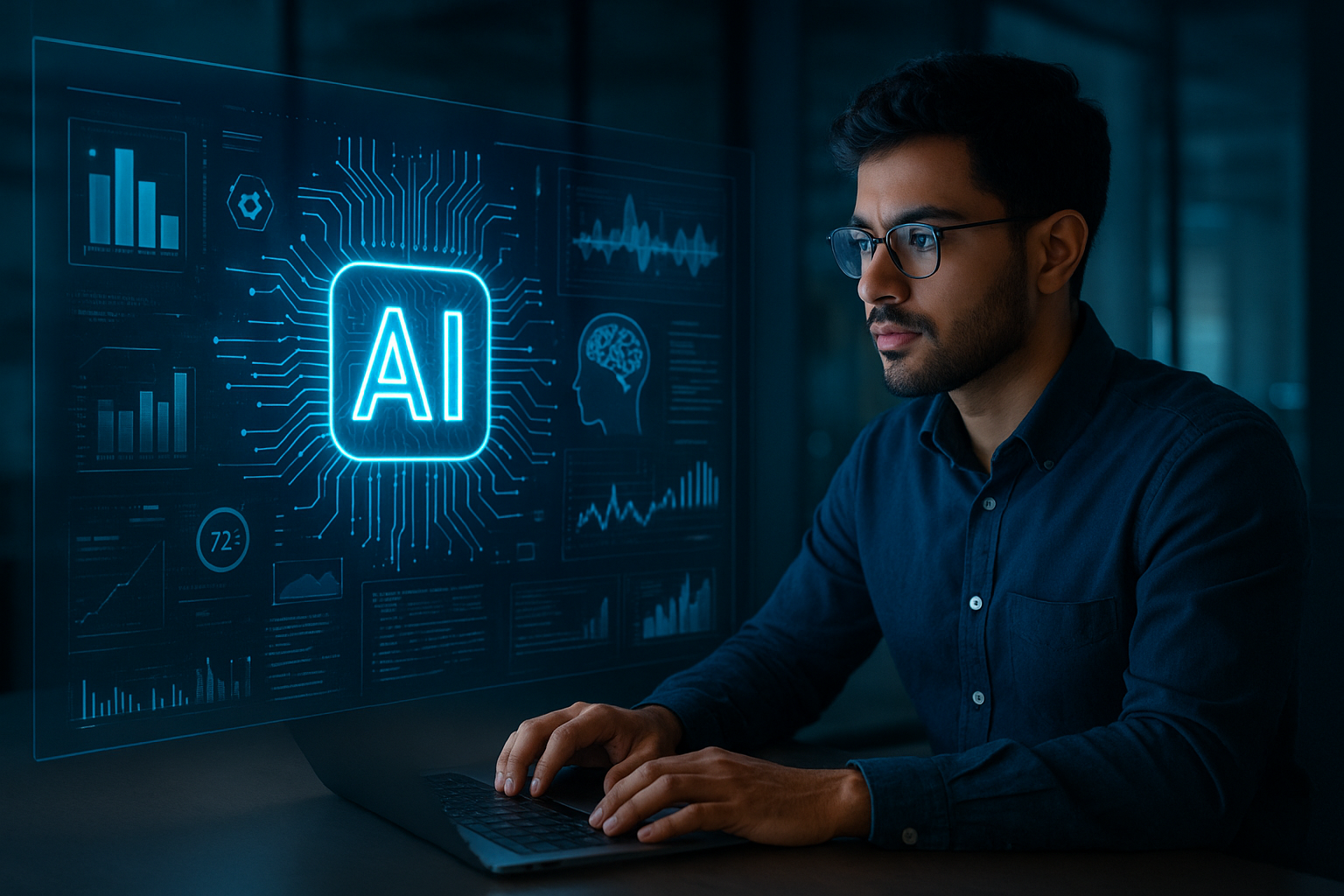 Global Demand for Technology Professionals: Skills, Roles, Job Openings & Future Trends 7 Professional working on futuristic AI dashboard