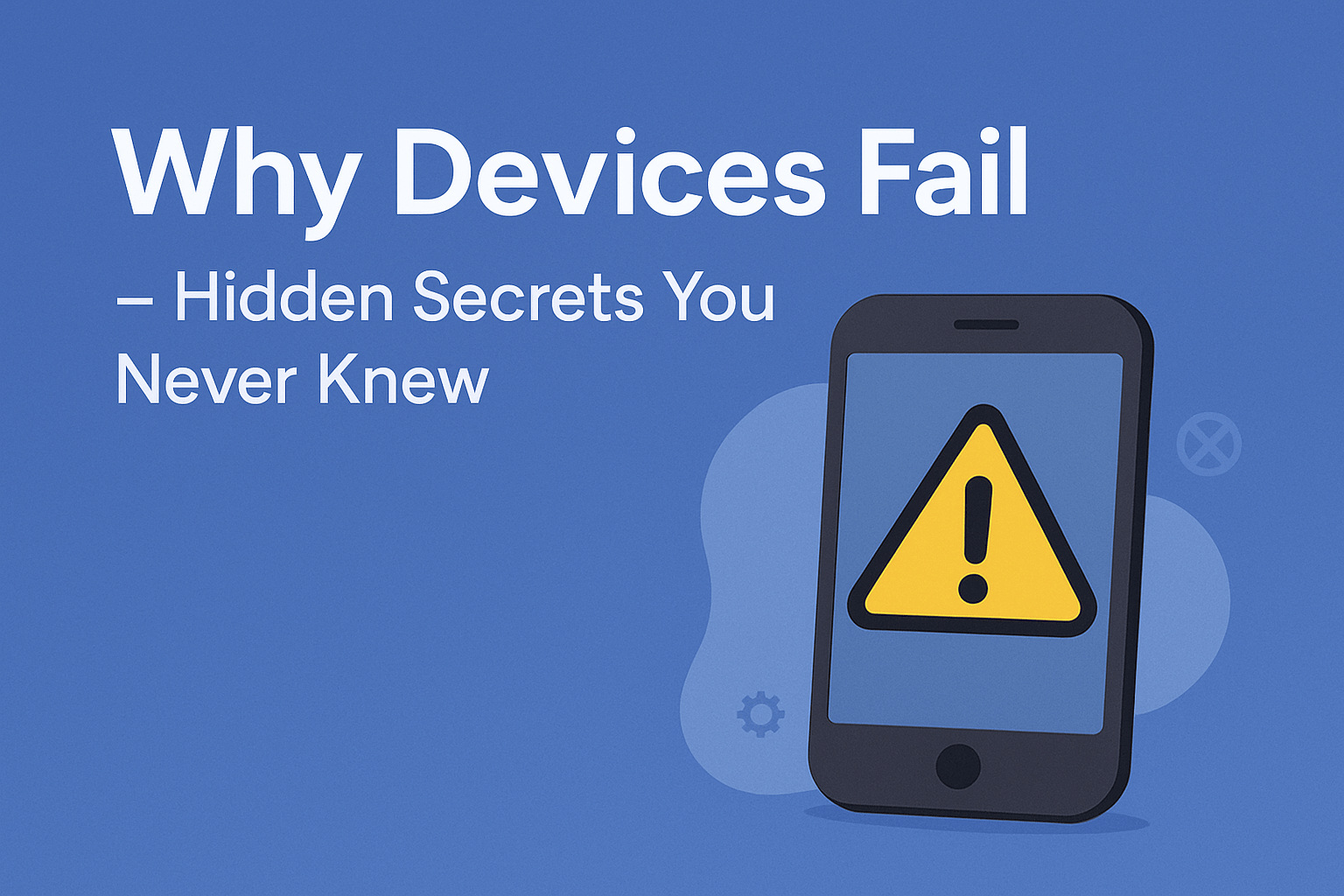 Article 1: Why Devices Fail – Hidden Secrets You Never Knew 4 Blog cover for 'Why Devices Fail' — a modern blue layout with a stylized smartphone showing a yellow warning triangle and subtle abstract tech motifs, suggesting hardware and software problems.