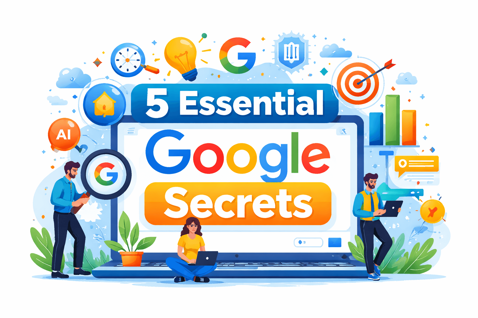 Illustration showing advanced Google search secrets and AI-powered tools