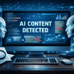 AI Content Detection: Challenges, Insights, and Expert Practices 7 A high-tech digital illustration representing AI content detection, featuring a central monitor displaying "AI CONTENT DETECTED", flanked by two futuristic robotic heads, surrounded by data streams, graphs, and cybersecurity symbols in blue and cyan tones.