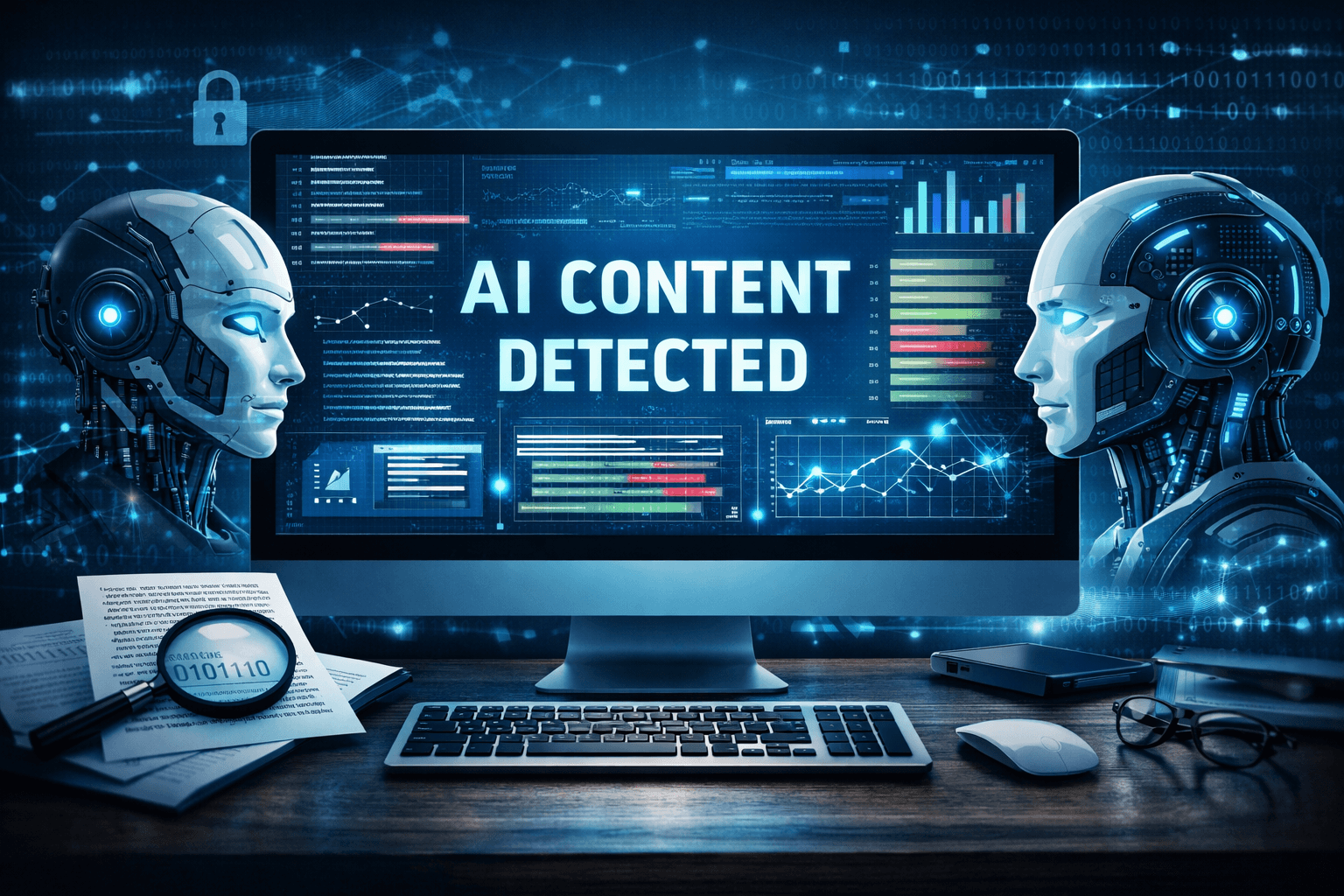 A high-tech digital illustration representing AI content detection, featuring a central monitor displaying "AI CONTENT DETECTED", flanked by two futuristic robotic heads, surrounded by data streams, graphs, and cybersecurity symbols in blue and cyan tones.