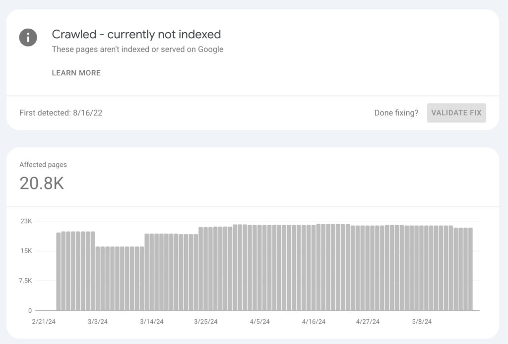 Google Search Console showing Crawled Currently Not Indexed status
