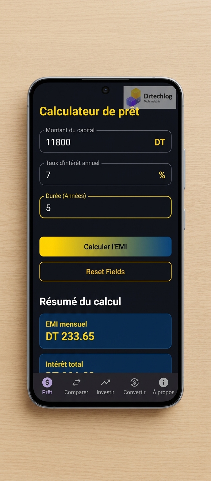 FinCalc Pro app interface showing loan calculator and amortization schedule on Android.