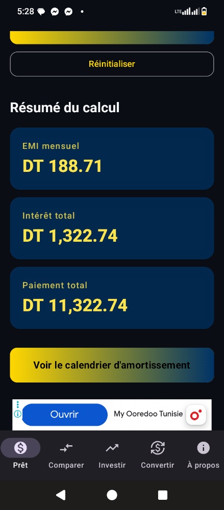 FinCalc Pro loan calculator screen displaying monthly installment calculation inputs.